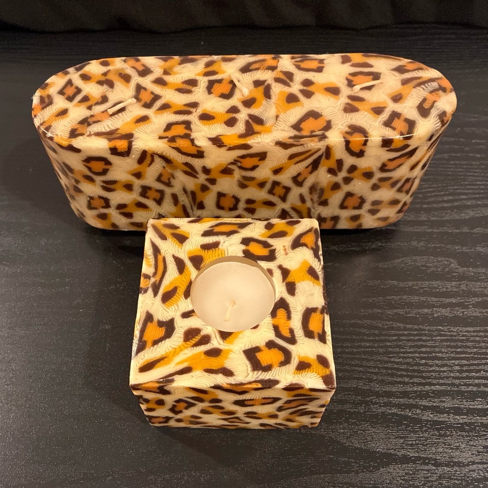 NWOT Animal Print Candles: Leopard Print Ellipse Shape & Square Shape Candles
